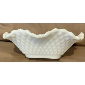 Square Diamond Quilt Milk Glass 6.25" Bowl or Candy Dish w/ Ruffled Top Edge